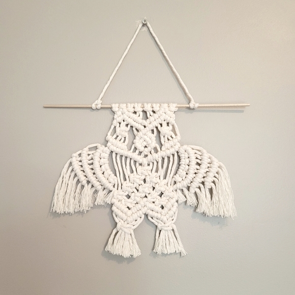 Macrame hanging wall decor white owl bird handmade cotton rope tapestry - Picture 2 of 4